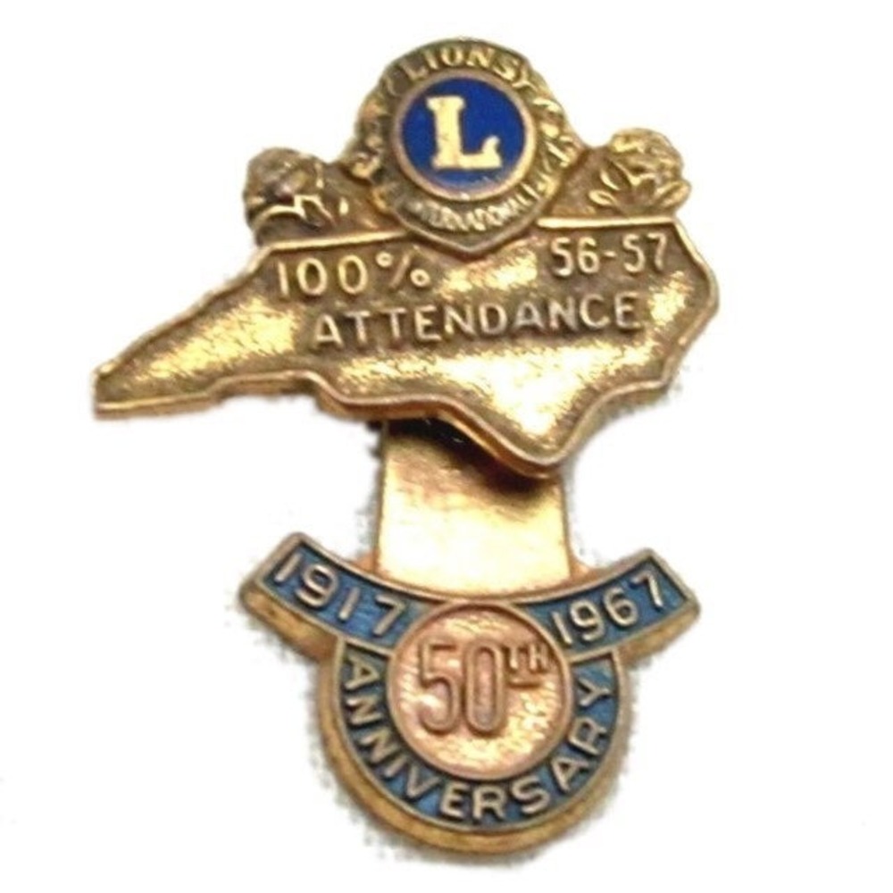 Vintage Lions Club 100% Attendance Gold Toned Pin